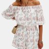 Women's Summer Floral Romper Dress Off Shoulder Ruffle Elastic Wasit Wide Leg Shorts Jumpsuit Vacation Beach 2025