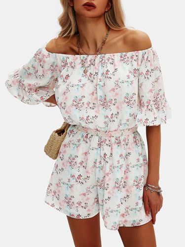 Women's Summer Floral Romper Dress Off Shoulder Ruffle Elastic Wasit Wide Leg Shorts Jumpsuit Vacation Beach 2025
