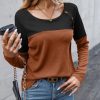 Women Waffle Knit Shirts Long Sleeve Colorblock Tee Button Detail Tunics