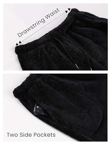 Womens Fleece Pajama Pants Warm Fuzzy Cozy Mens Sleep Bottoms With Pockets(-Black-M)