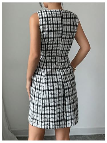 Women's Vintage Plaid Bow Side Split Hem A Line Sleeveless Elegant Work Dress