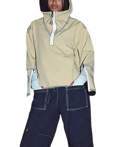 Womens Windbreaker Jacket Outdoors Hiking Reflective Striping Hooded Half Zip Pullover Contrast Pocketed Outerwear