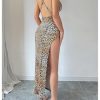 Women's Sexy High Slit Leopard Maxi Dress Open Back Bodycon Backless Cami Dress