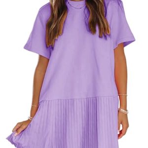 Womens Summer Casual Short Sleeve Dress Crewneck Tshirt Dresses Pleated Aline Mini Dress 2025 Vacation Beach Sundress