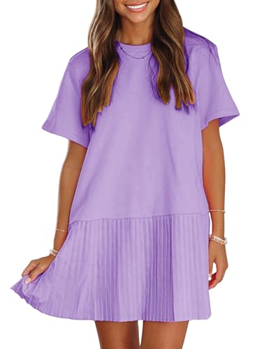 Womens Summer Casual Short Sleeve Dress Crewneck Tshirt Dresses Pleated Aline Mini Dress 2025 Vacation Beach Sundress