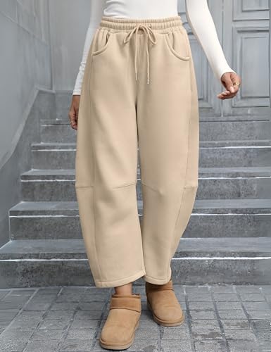 Womens Fleece Lined Sweatpants Barrel Leg High Waist Winter Joggers Cozy Home Travel Lounge Pants with Pockets