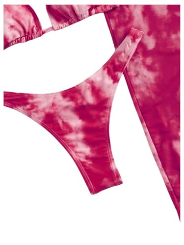 Women's 3 Piece Triangle Thong Swimsuit Tie Dye Bikini Set with Thigh Slit Cover Up Dress