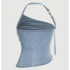 SHENHE Women's Denim Halter Neck Backless Ruched Fitted Y2k Asymmetrical Jean Tops
