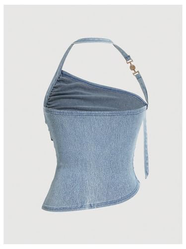 SHENHE Women's Denim Halter Neck Backless Ruched Fitted Y2k Asymmetrical Jean Tops