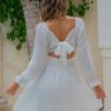 Women's 2025 Casual Long Lantern Sleeve Dresses Square Neck Ruffle Tie Back Elastic Waist Aline Short Mini Dress