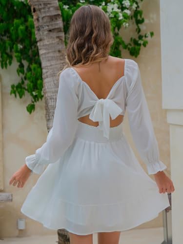 Women's 2025 Casual Long Lantern Sleeve Dresses Square Neck Ruffle Tie Back Elastic Waist Aline Short Mini Dress