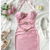 Women's Y2k Cut Out Metal 3D Flower Halter Mini Dress Ruched Bodycon Sexy Clubbing Dress