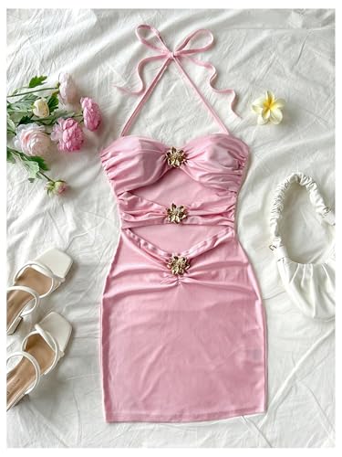 Women's Y2k Cut Out Metal 3D Flower Halter Mini Dress Ruched Bodycon Sexy Clubbing Dress