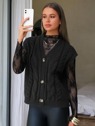 Women's Fall Fashion Sweaters Vest Tops Sleeveless Button Down V Neck Chunky Cable Knit Cardigan Trendy Outfits 2025