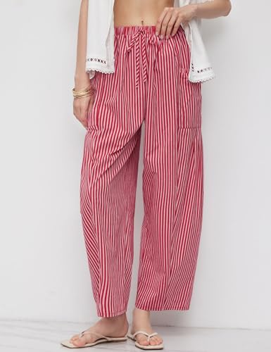 Women Wide Leg Pants Casual Striped Cotton Mid Rise Drawstring Palazzo Trousers with Pockets