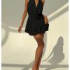 Women's Chiffon Open Back Halter Deep V Neck Ruffle Hem Sexy Party Night Mini Dress