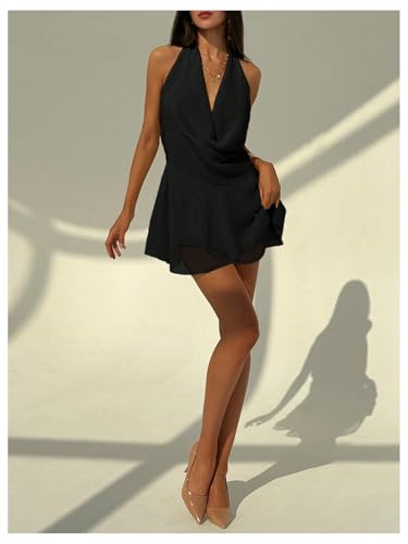 Women's Chiffon Open Back Halter Deep V Neck Ruffle Hem Sexy Party Night Mini Dress