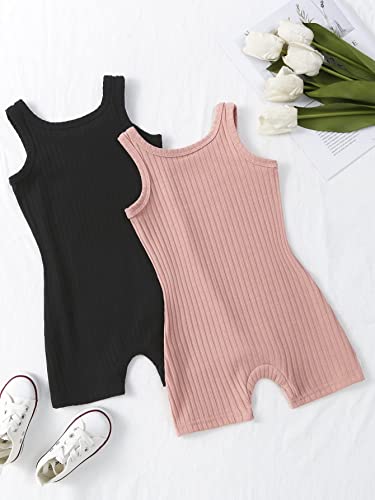 Girl's 2 Piece Solid Scoop Neck Sleeveless Ribbed Knit Short Romper Jumpsuit
