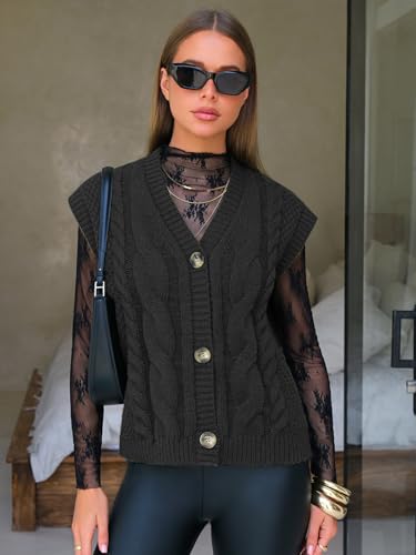 Women's Fall Fashion Sweaters Vest Tops Sleeveless Button Down V Neck Chunky Cable Knit Cardigan Trendy Outfits 2025