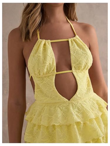 Women's Y2k Ruffle Lace Backless Layered Halter Mini Dress Deep V Party Jellyfish Dress