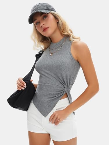 Women's Summer Sleeveless High Neck Tank Tops Sexy Twist Knot Asymmetrical Hem Shirts Going Out Top 2025