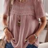 Womens Summer Tops Crewneck Short Sleeve Shirts Casual Chiffon Blouses Flowy Lace Hem Boho Clothing Trendy 2025