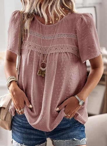 Womens Summer Tops Crewneck Short Sleeve Shirts Casual Chiffon Blouses Flowy Lace Hem Boho Clothing Trendy 2025