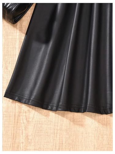 Girl's Ribbed Long Sleeve PU Leather Patchwork Belted A Line Flowy Skater Dress