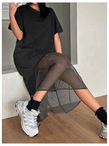 Women's Short Sleeve Crewneck Oversized Tshirt Dress Mesh Ruffle Hem Long Dress