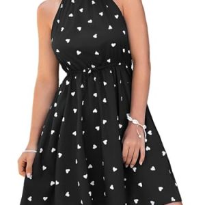 Girl's Summer Halter Neck Dress Heart Print Sleeveless A Line Flowy Short Sundress