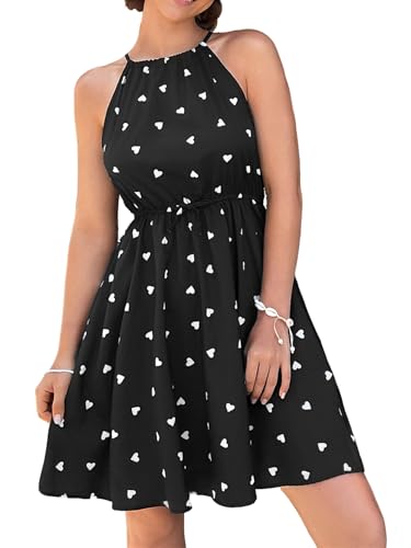 Girl's Summer Halter Neck Dress Heart Print Sleeveless A Line Flowy Short Sundress