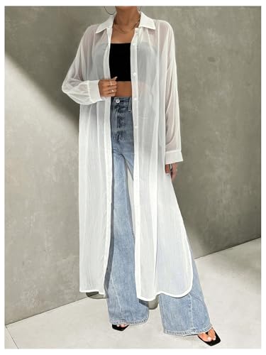 Women's Sheer Button Down Long Sleeve Maxi Shirt Kimono Dress Lightweight Summer Coverups