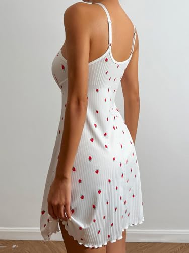 Women's Sexy Strawberry Pajama Dress Bow Sweetheart Neck Sleeveless Babydoll Nightgown Pj Sleep Dress