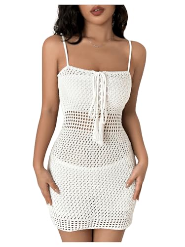 Women's Crochet Knitted Sheer Hollow Out Lace Up Sexy Bodycon Mini Cami Dress