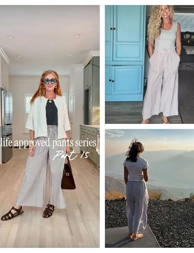 Women's Wide Leg Pants Drawstring Striped Cotton Mid Rise Casual Long Palazzo Trousers with Pockets