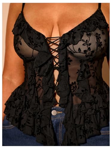 Women's Plus Size Sexy Open Front Lace Up Sheer Mesh Ruffle Trim Y2k Top Camisole Tank
