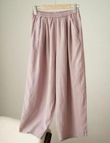 Womens Linen Pants Summer Casual Capris Cropped Wide Leg Beach Trousers with Pockets