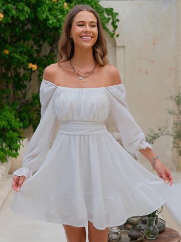 Women's 2025 Casual Long Lantern Sleeve Dresses Square Neck Ruffle Tie Back Elastic Waist Aline Short Mini Dress