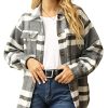 Womens Fall Flannel Plaid Shacket Jacket Wool Blend Button Down Shirt Coat Tops(#2 Grey-L)