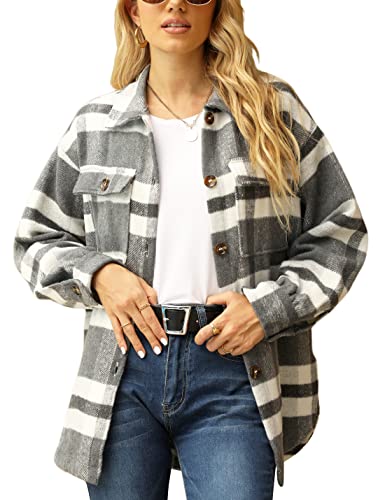 Womens Fall Flannel Plaid Shacket Jacket Wool Blend Button Down Shirt Coat Tops(#2 Grey-L)