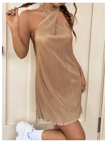 Women's Criss Cross Halter Backless Sexy Mini Dress Textured Plisse Party Dress