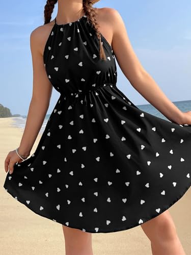 Girl's Summer Halter Neck Dress Heart Print Sleeveless A Line Flowy Short Sundress