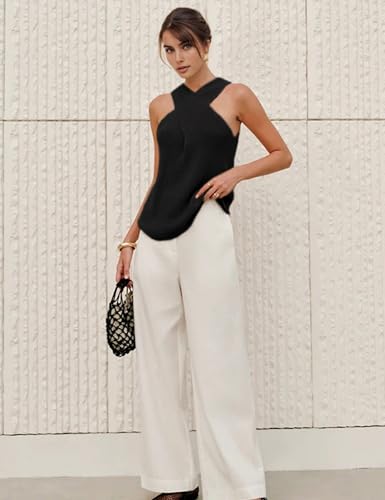 Women Halter Cross Over Collar Tank Knit Sleeveless Top Solid Color Casual Summer Blouse