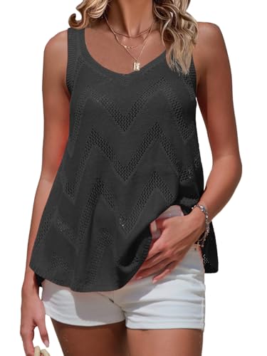 Womens Summer Sleeveless Scoop Neck Knit Sweater Vest Crochet Hollow Out Tank Tops Beach Vacation 2025