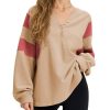 Women's Oversized V Neck Henley Shirt Patchwork 2024 Color Block Sweatshirt Long Sleeve Button Pullover Tunic Tops