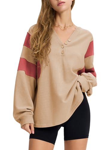 Women's Oversized V Neck Henley Shirt Patchwork 2024 Color Block Sweatshirt Long Sleeve Button Pullover Tunic Tops