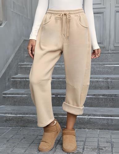 Womens Fleece Lined Sweatpants Barrel Leg High Waist Winter Joggers Cozy Home Travel Lounge Pants with Pockets