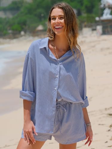 Women's Summer 2 Piece Sets Long Sleeve Button Down Shirts Matching Short Sets Beach Vacation Cruise Outfits 2025