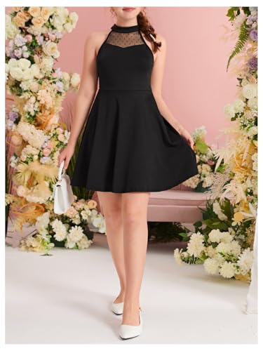 Girl's Halter Neck Sleeveless Mesh A Line Flared Flowy Elegant Short Party Dress