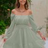 Women's 2025 Casual Long Lantern Sleeve Dresses Square Neck Ruffle Tie Back Elastic Waist Aline Short Mini Dress